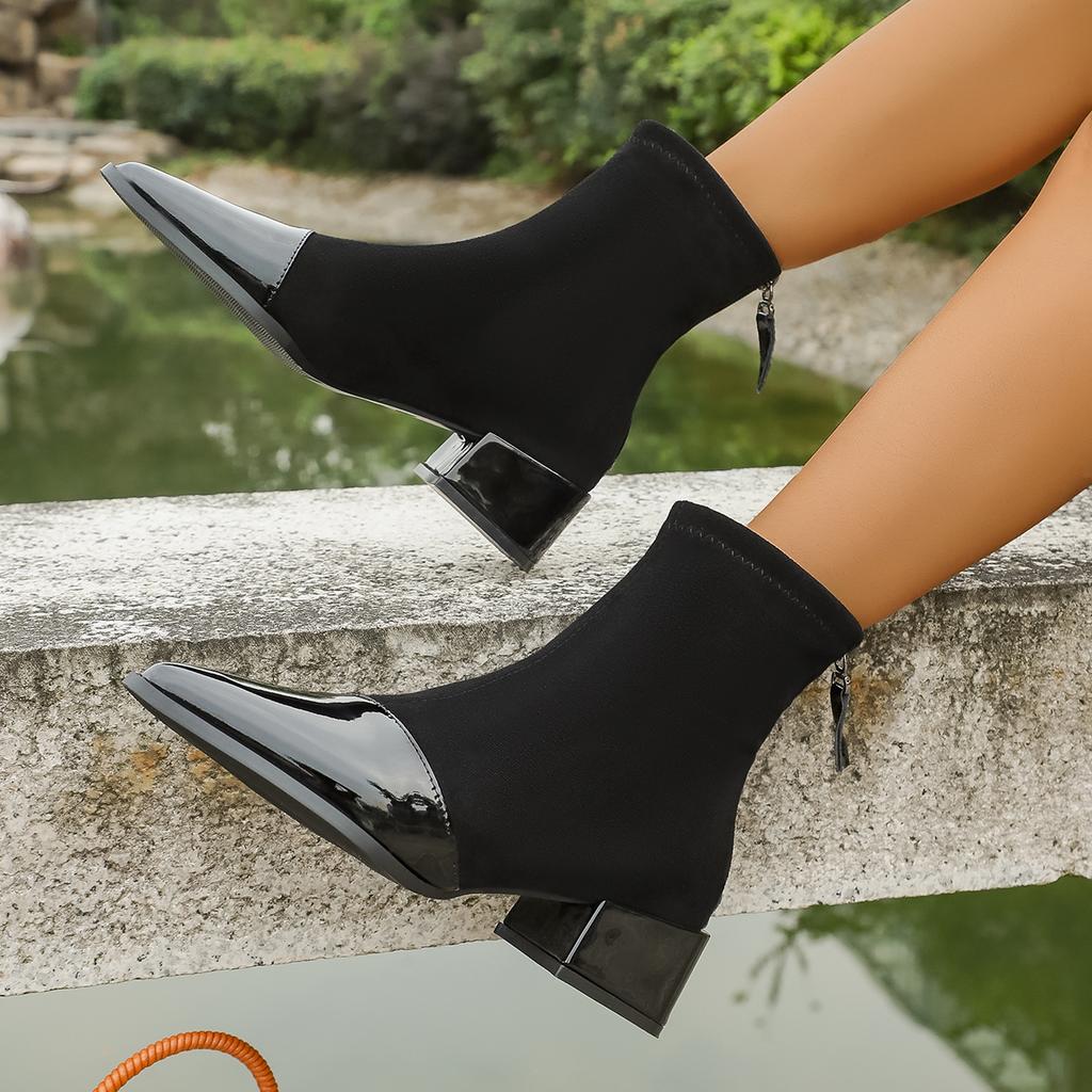 Women Ankle Boots Chunky Mid Heels Shoes Woman Pointed Toe Trend Shoes Winter New Goth Walking Chelsea Boots Botas De Mujer