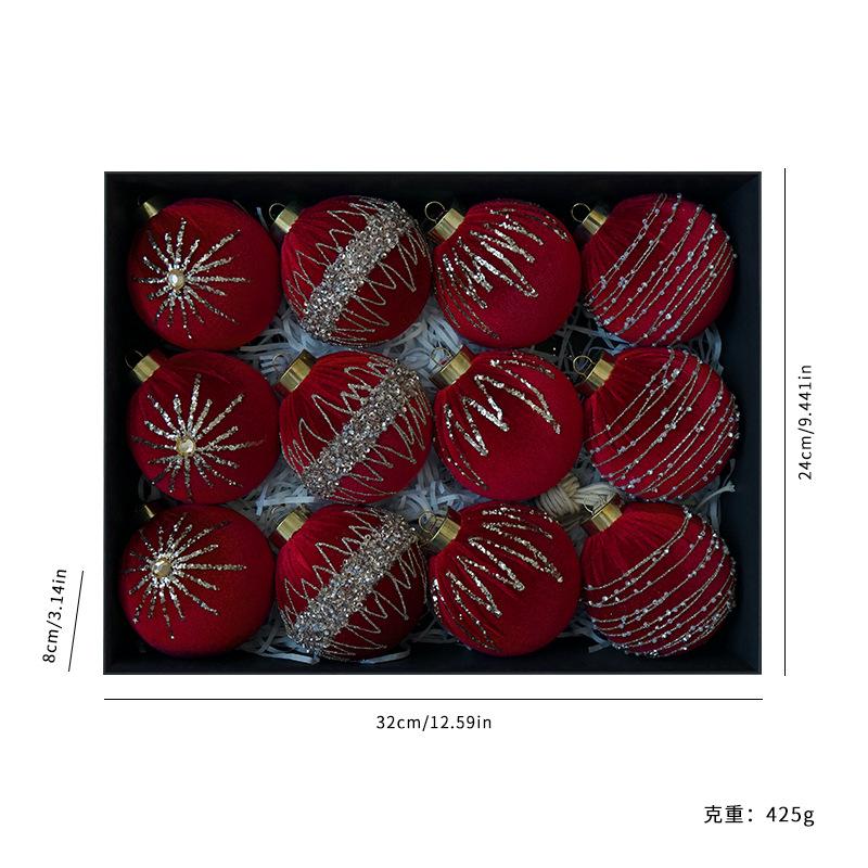 8CM/12PCS, Sparkling Velvet, Wrapped Christmas Balls, Ornaments, Christmas Decorations, Window Ornaments, Party Decoration Ornaments