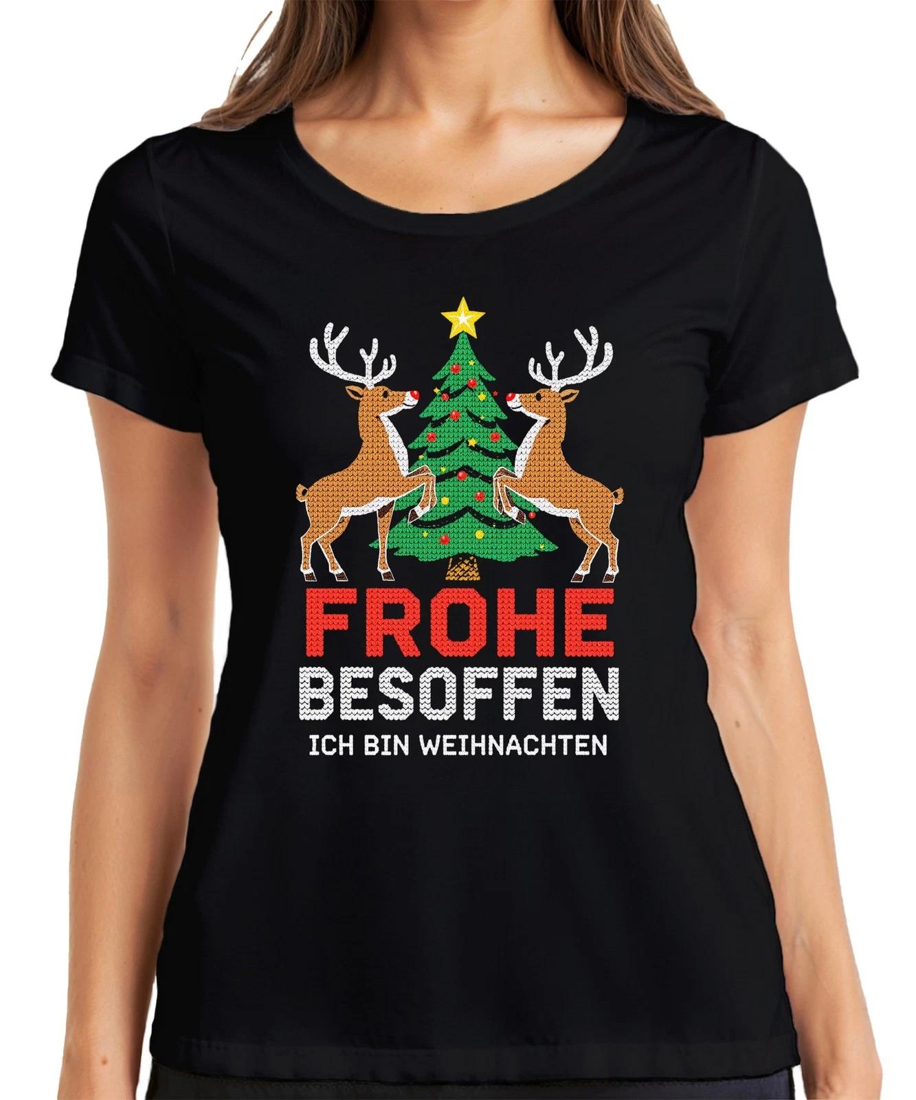Frohe Besoffen Ich bin Weihnachten Lustig Rentier Strickoptik Damen T-Shirt L