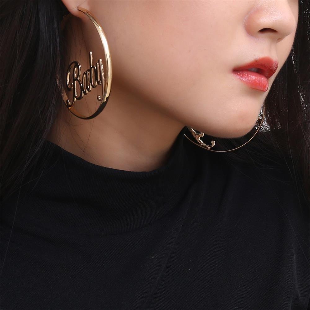 Party Gold Hip-hop Jewelry Gift Hyperbole Large Circle Femme Baby Letter Round Hoop Earrings