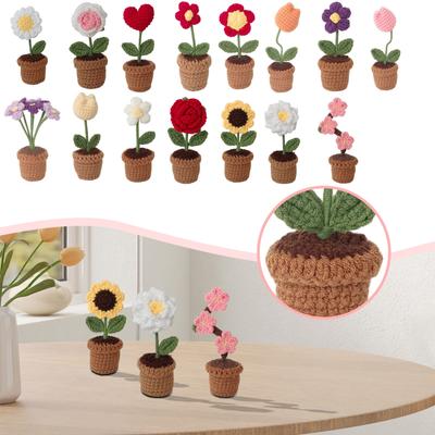 Planta em vaso de flores artificiais de crochê, presente decorativo criativo fofo para casa