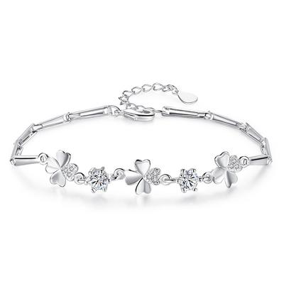 Pulseira Temperamento Doce Feminino Trevo de Quatro Folhas Pulseira Giratória de Flores Pulseira de Prata Decoração Presente