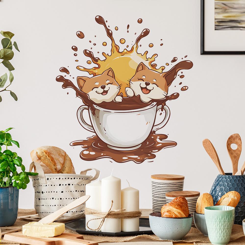 Creative Coffee Cups Cat Coffee Shops Kitchen and Dining Rooms Wall Background Beautification and Decorative Wall Stickers