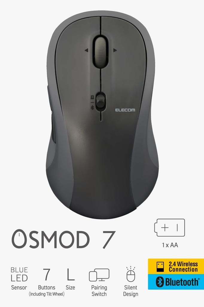 ELECOM OSMOD Seven 7 Wireless to 2 7 Tilt Black Mouse, Quiet, Bluetooth, 2.4GHz, Multi-Pairing (up Devices), Buttons, Wheel, Large, (M-MY40MBSBK-G)