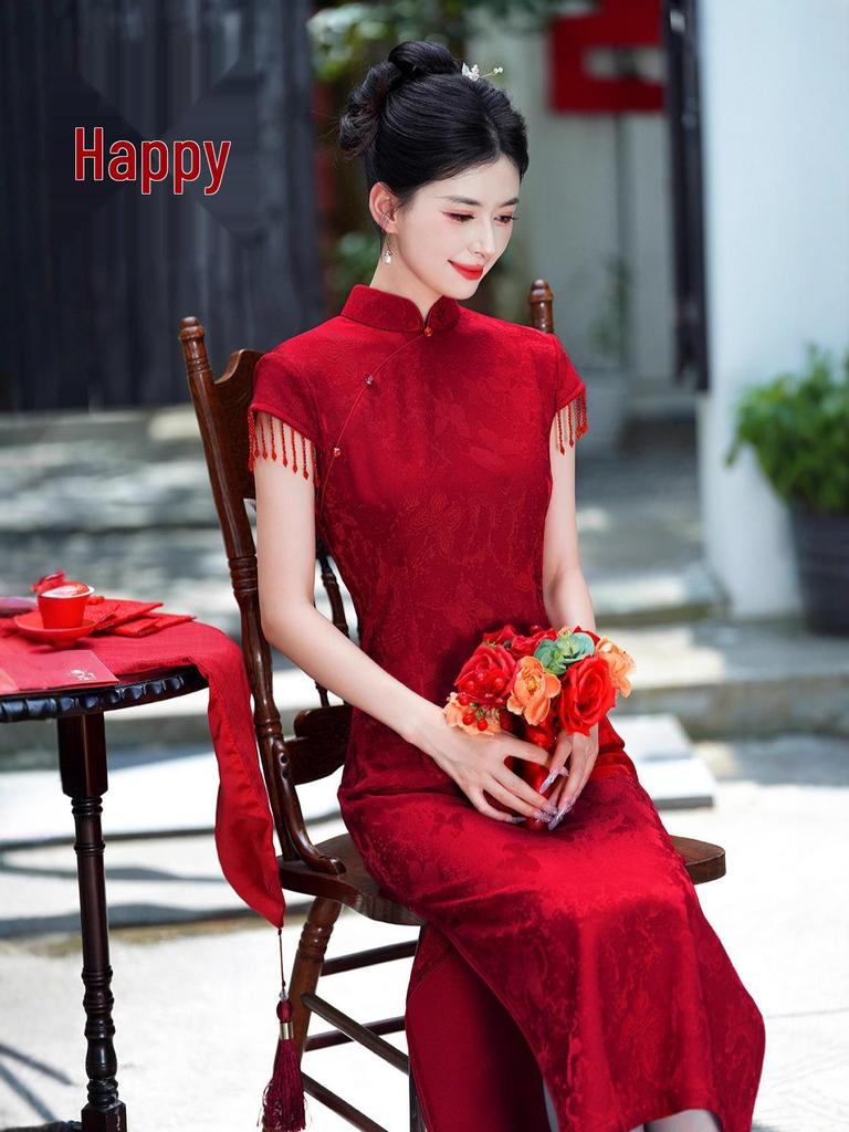 Lace Jacquard Crescent Sleeve Long Cheongsam Dress - 2025 New Style for Mother’s Wedding Banquet
