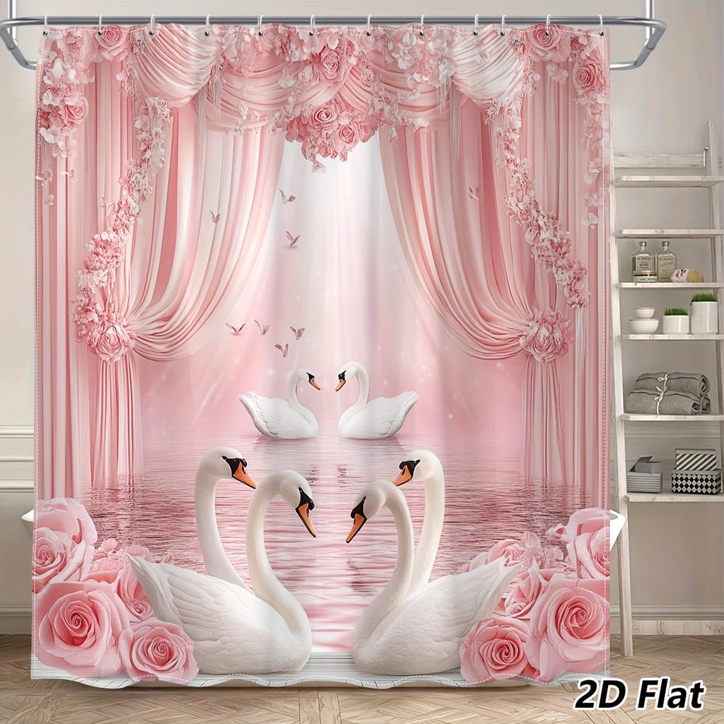 Luxury Pink Swan Rose Shower Curtain Waterproof Floral Bathroom Liner Romantic Swan Decoration Shower Screen