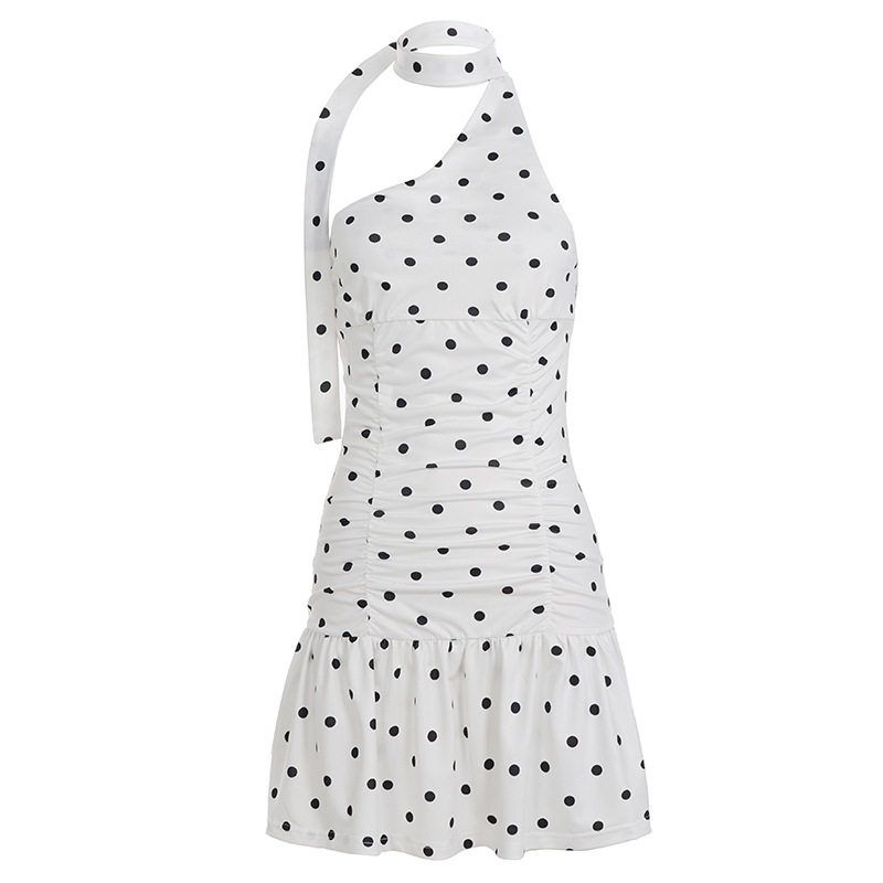 

Beach Vacation Style Slim Fit Ruffled Short Skirt for Women, Polka Dot Print One-Shoulder Neck Wrap Elegant A-Line Dress White S