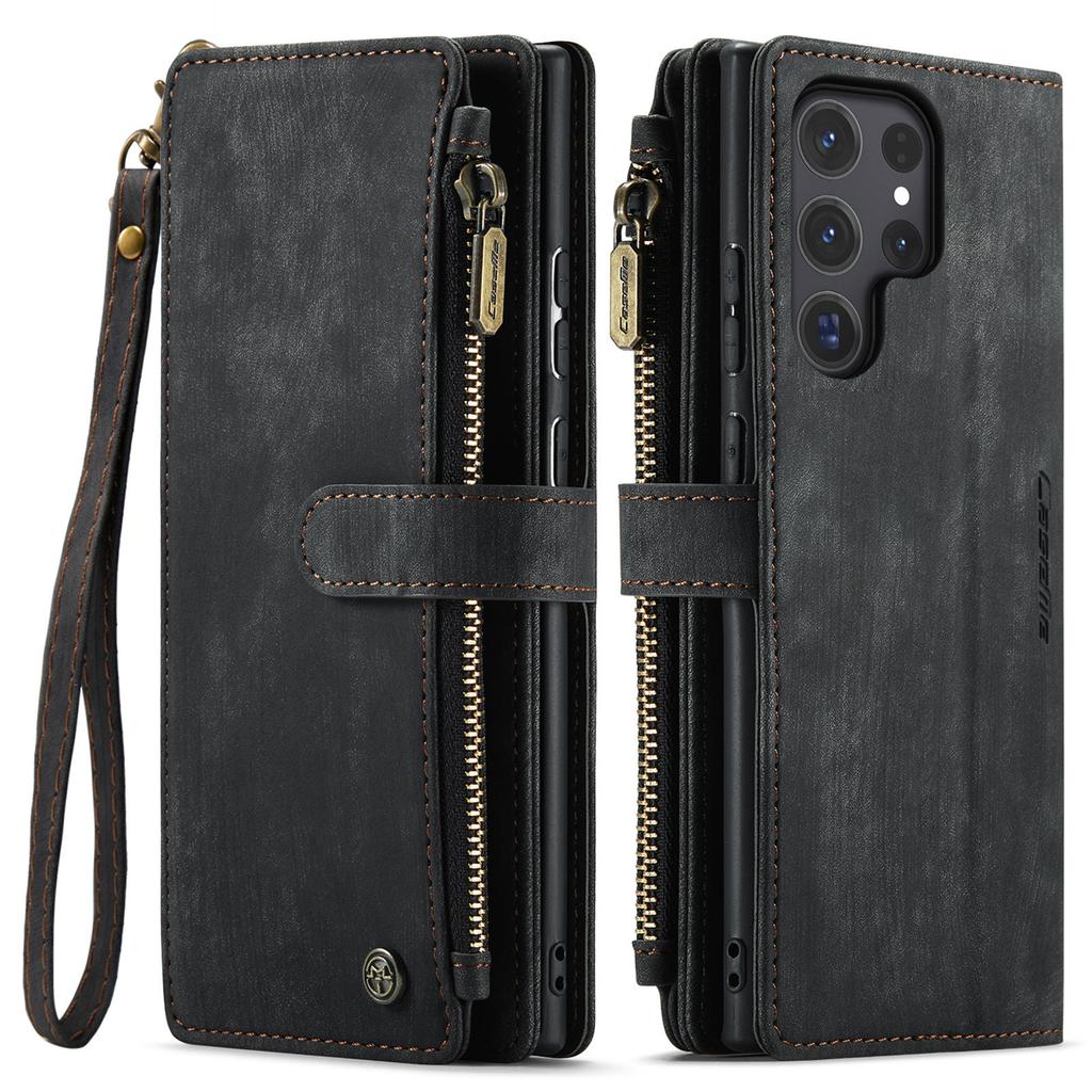 For Samsung Galaxy S25 Edge S24 S23 S22 Ultra Case, Durable PU Leather Magnetic Flip Strap Wristlet Zipper Card Holder Wallet