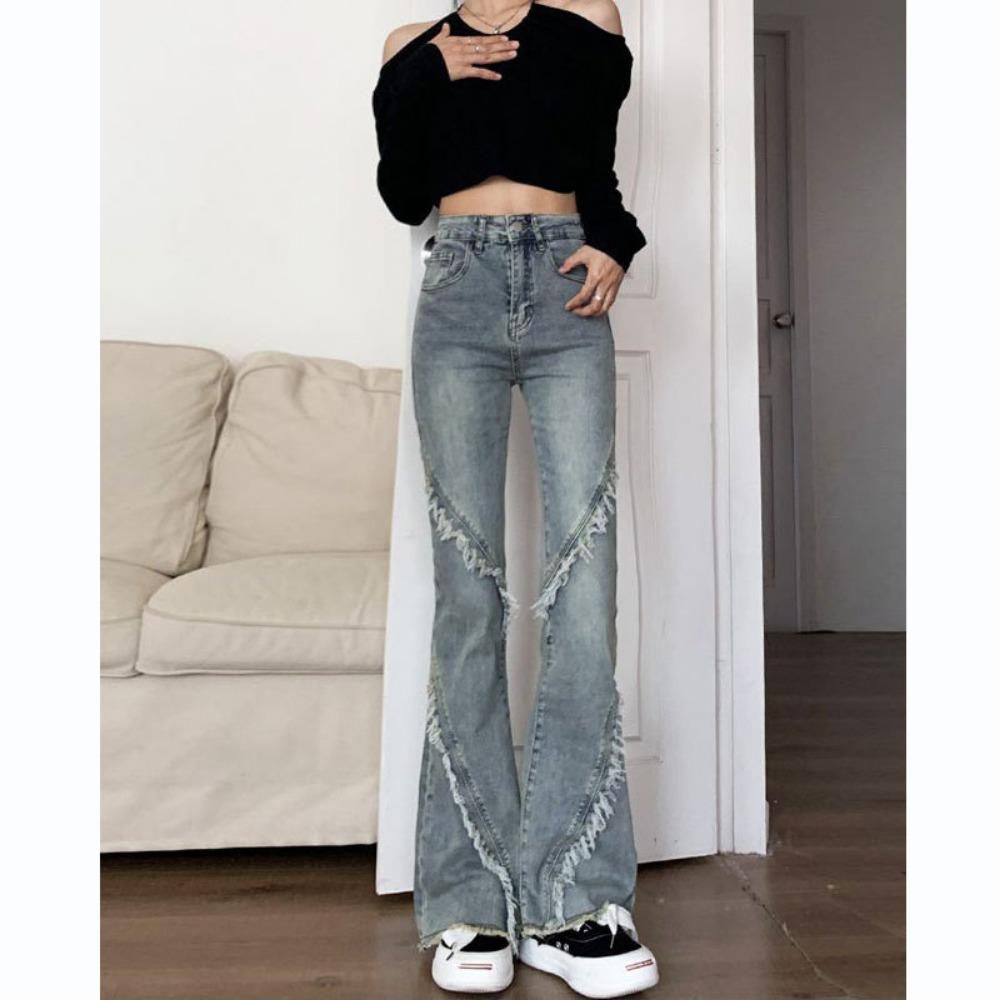 Personalized Versatile Rough Edge Splicing Micro-pull Jeans Women's Spring and Autumn New Slim-fitting High-waisted Horseshoe Pants Tide