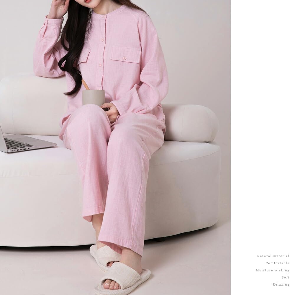 Yes Family Double Gauze Pajama Long Front Light XL Women's Set, 100% Cotton, Sleeves, Opening, Loungewear, Pink,