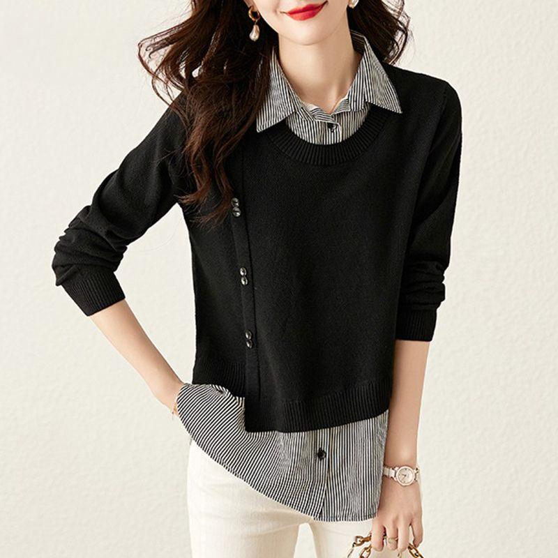 Bluză Pulover Falsă Două Piese Guler Bluză Pulover Haine de Primăvară și Toamnă Stil Occidental Cămașă de Fund cu Dungi