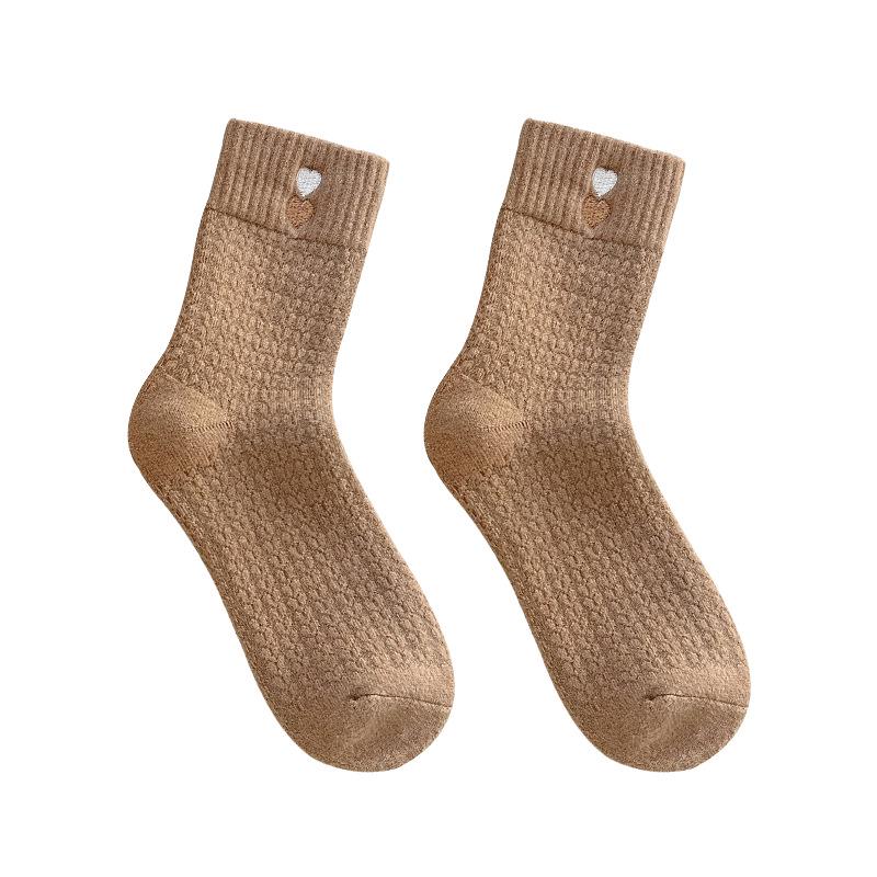 Women's Terry Mid-Calf Socks: Velvet-Lined, Thick, Warm, Postpartum, Embroidered Heart, for Autumn and Winter