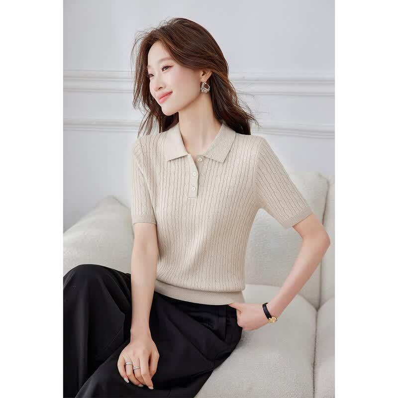Women s Srcr Wool Blend Cable Knit Polo T-Shirt M глиняно-белый