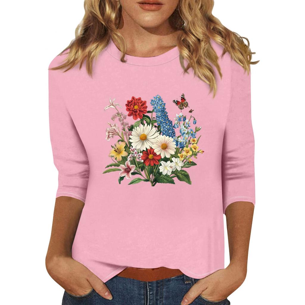 Women's Fashion Casual Seven-Point Sleeve Print Round Neck Top