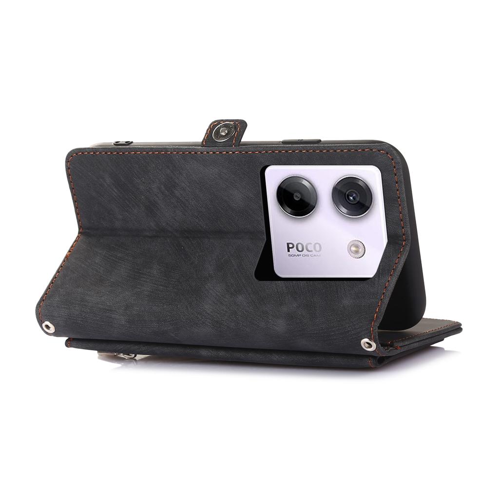 For Xiaomi Poco M7 Pro 5G Etui Glidelåslomme 9 Kortlommer PU Lær Telefondeksel med Håndleddsstropp