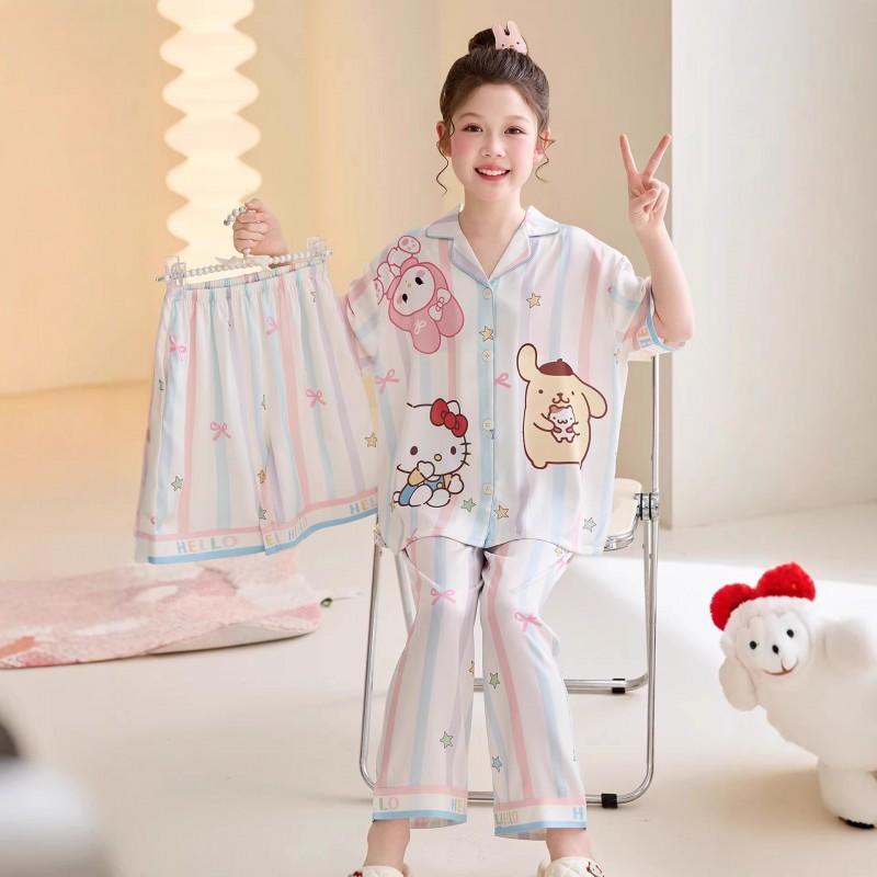 Kids Ice Silk Pajama Set Girls 3-Piece Short Sleeve Long Pants Cartoon Print Soft Breathable Sleepwear Home Outfit