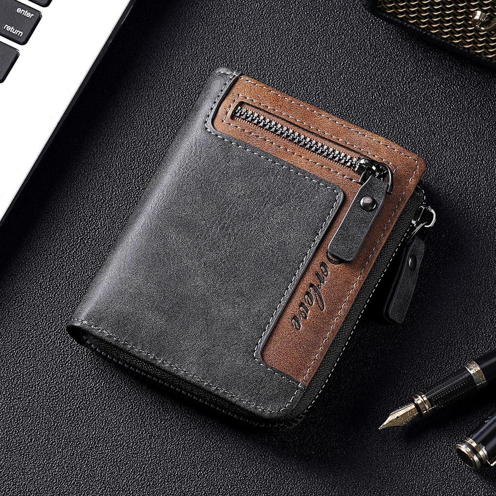 Retro Men's Color Block Leather Wallet with Zipper – Multi-functional Card Holder with Multiple Slots