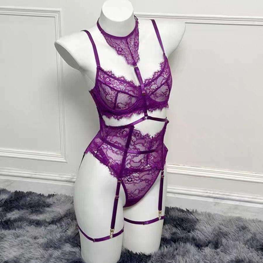 Erotic Lingerie Mesh Stitching Eyelashes Lace Hanging Chain Butterfly Four-piece Set