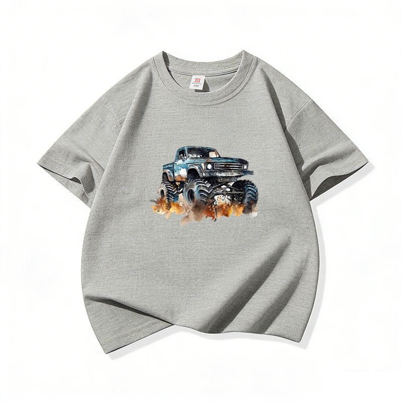Kids Cotton T Shirt Trendy Watercolor Offroad Car Print Crew Neck Short Sleeve Tee Casual Boys Girls Summer Tops