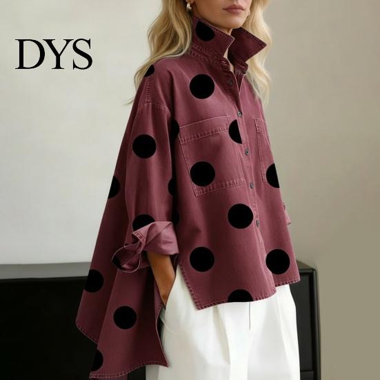 Textured Fabric Shirt Polka Dot Denim for Women Loose Fit Button-Down Top with Casual Outerwear Chest Pockets Oversize Spring Summer Fashionable