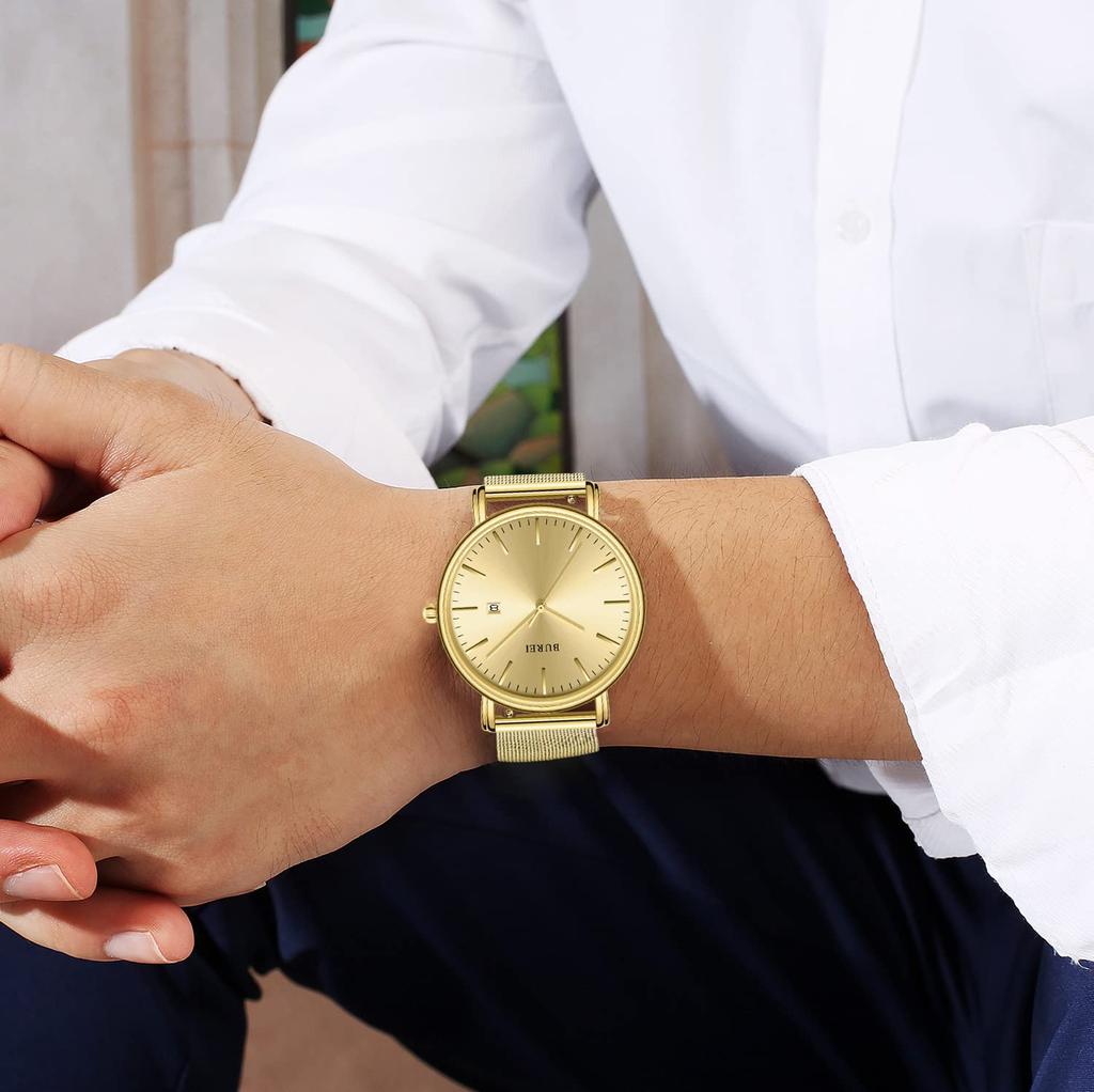 BUREI Herrenuhr, Einfach, Wasserdicht, Analog, Beliebt, Stilvoller Mailänder Stil mit Mesh-Armband und Gold-Armband