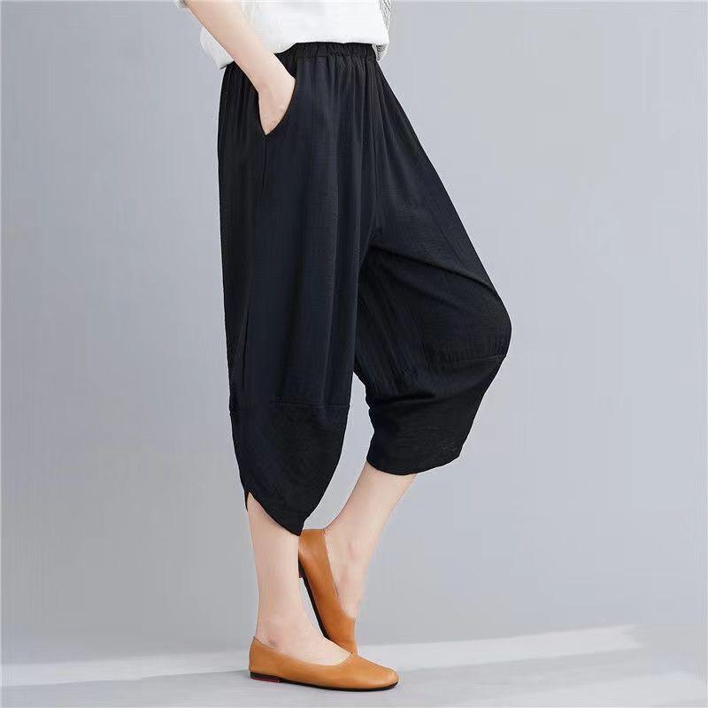 Summer Linen-Cotton Harem Pants for Women Loose Ankle-Cuffed Casual Carrot Seven-Point Trousers