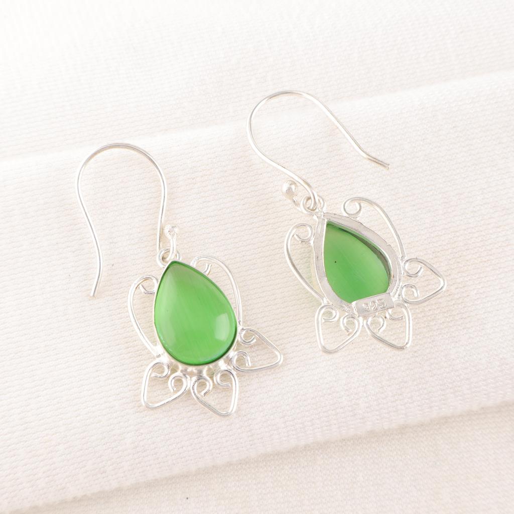 Green Cat's Eye Gemstone Jewelry, Handmade Earrings, 925 Solid Sterling Silver Jewelry For Wedding Gift