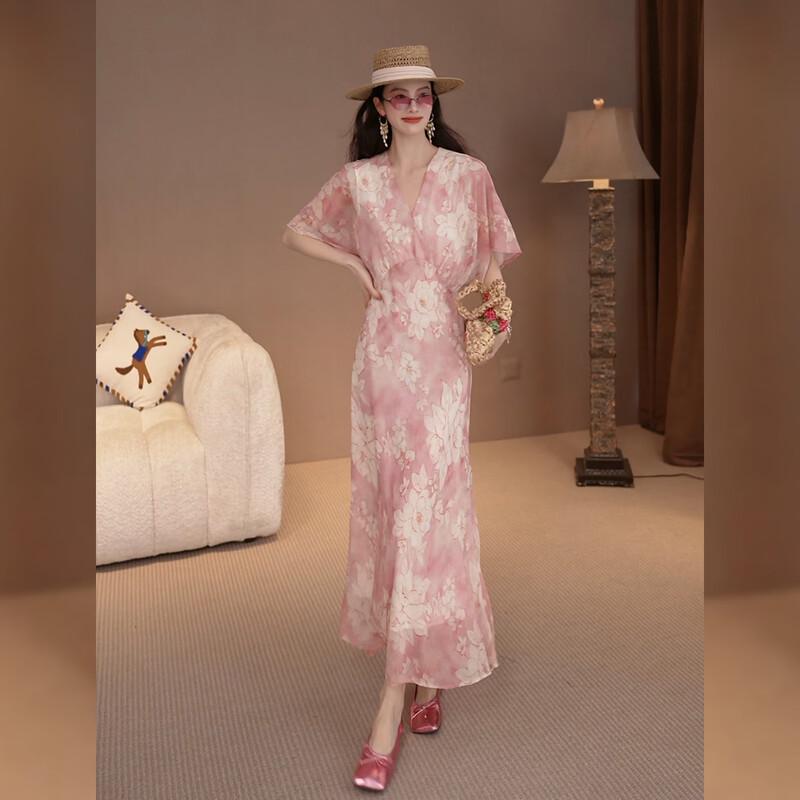 

Bailuyu French Chic Pink Camellia Print Chiffon Maxi Dress M