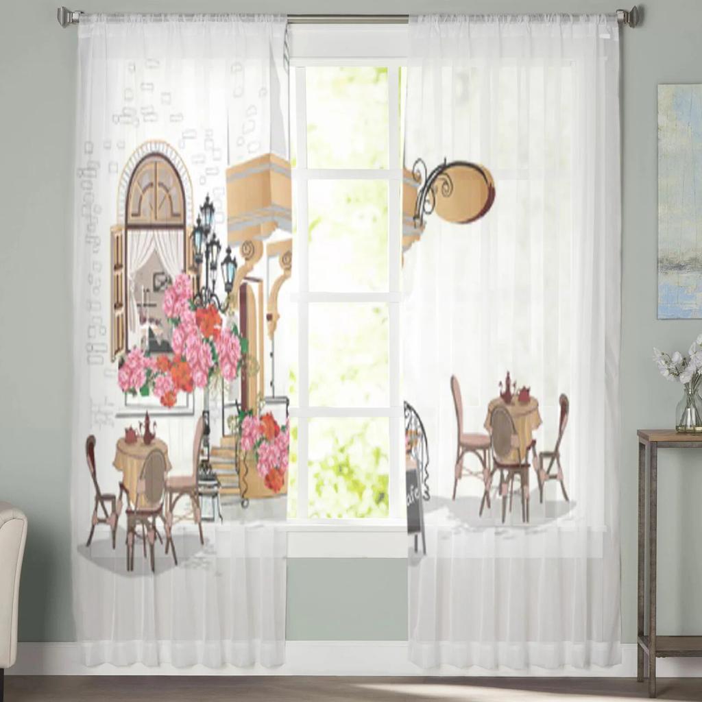 Old Town View And Street Cafe Tulle Curtain For Living Room Sheer Valance Curtain For Kitchen Bedroom Window Drapes