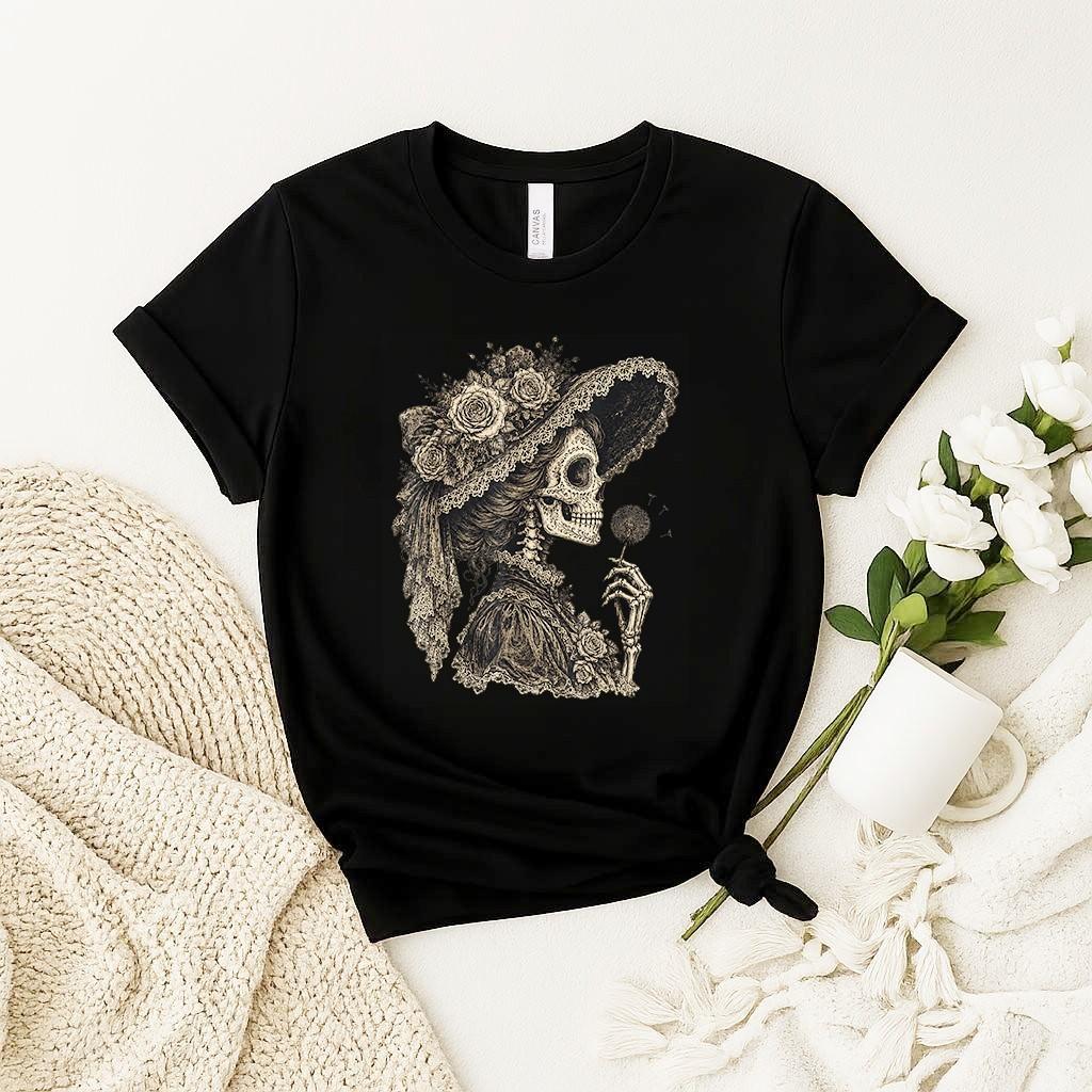 Funny La Catrina Blowing Wishes Dandeliofn Unisex T Shirt S разноцветный