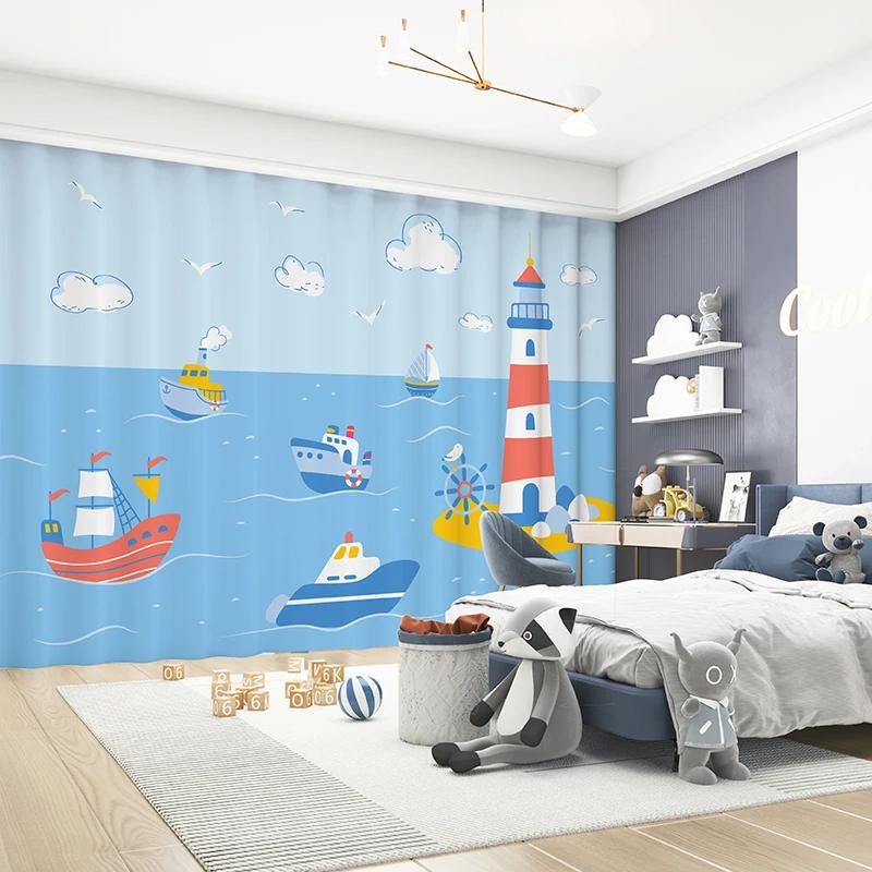 Fashion Modern Simple Cartoon Sailboat Ocean Boy Children's Bedroom Thin Curtain 2 Pieces Grommet Top Hook High Shading New