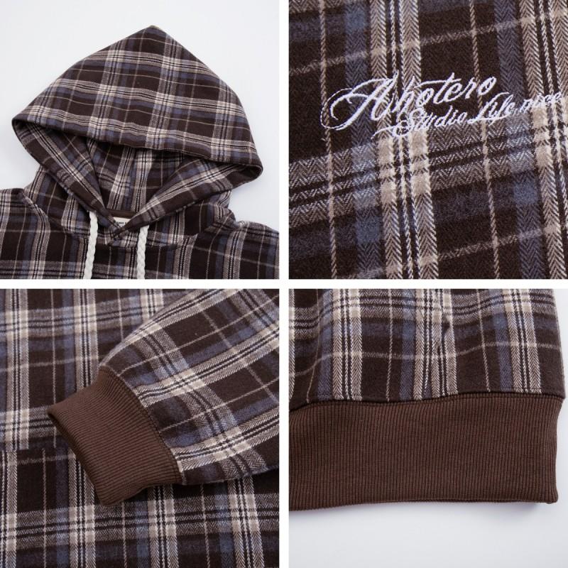 American Vintage Plaid Embroidered Hoodie Loose Fit Casual Pullover Men Women Couple