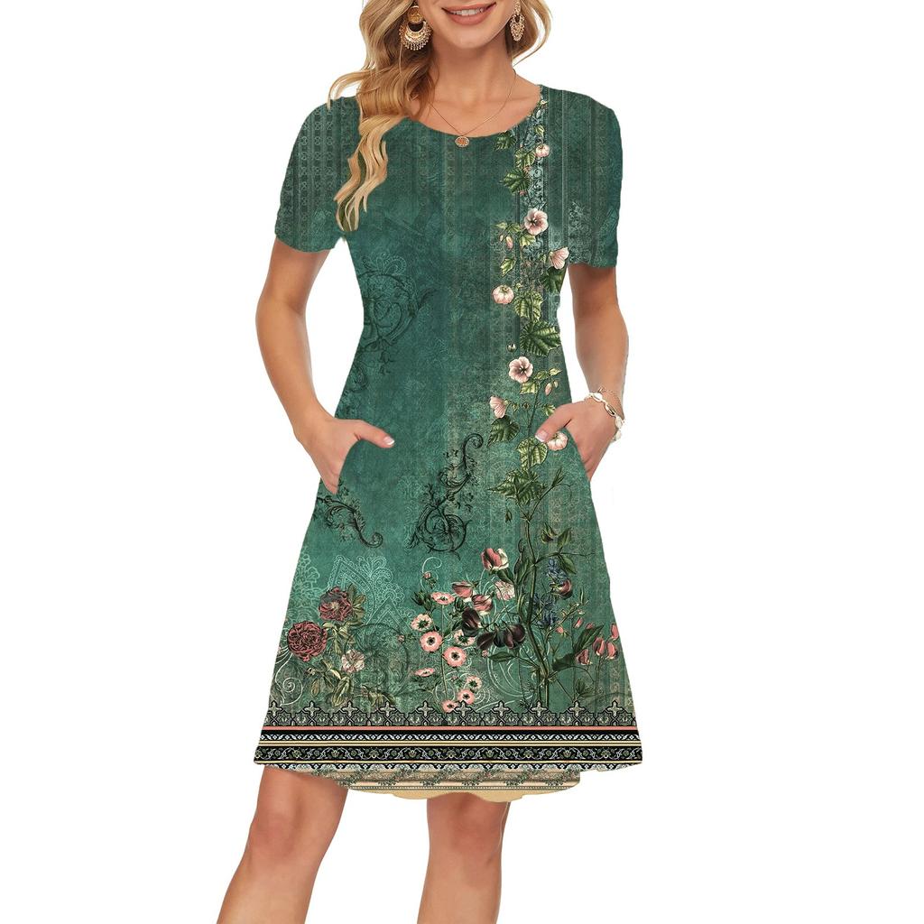 Women's Short Sleeve Dress Pleated Loose Swing Casual Dress With Pockets Knee Length Dresses