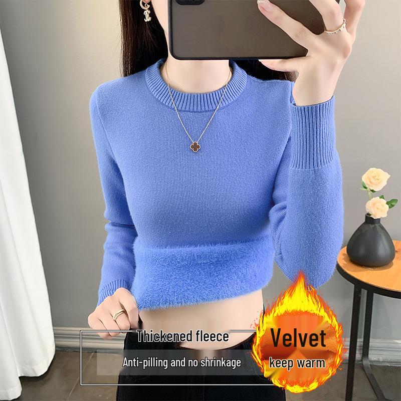 2025 Women's Warm Plus Velvet Round Neck Fleece Sweater: Stylish Autumn/Winter Knit Pullover