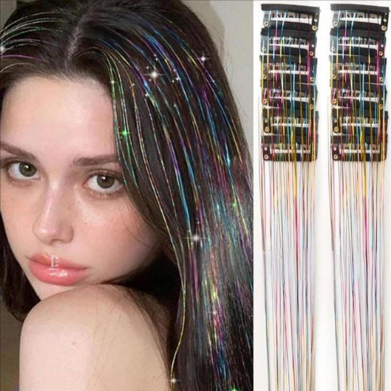 

12pcs Clip-in Hair Extensions – Holographic Rainbow Straight Hair Pieces with Gold Thread, Heatless Colorful Highlights for Festival & Party Seven-color mixed colors