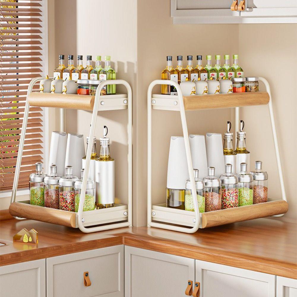 Double-Layer Seasoning Stand Solid Wood Kitchen Organizer Condiment Storage  Home Rack