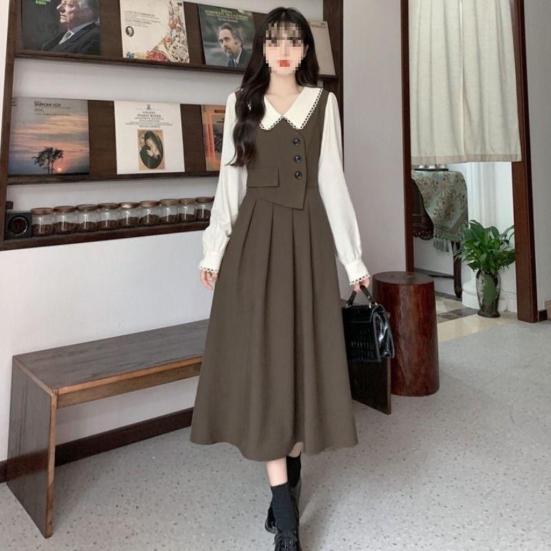 Classic Doll Collar Long Sleeve Dress With Knit Fabric For Spring Womens Fashion
