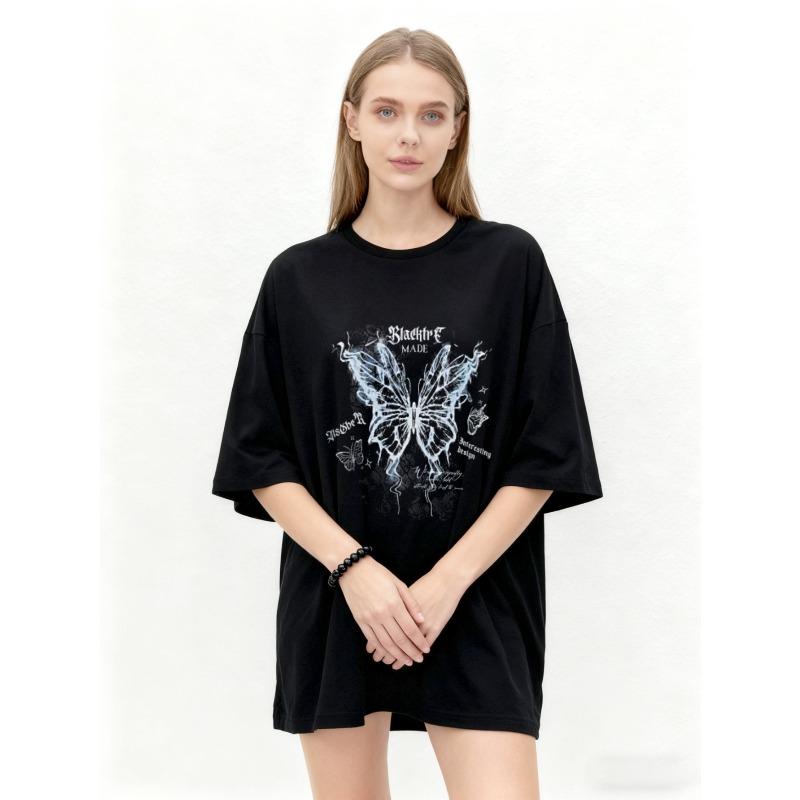 Oversized T Shirt Black Butterfly Graphic Print With Text Design For Casual Streetwear Fashion