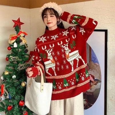 Christmas Pullover Sweater for Women In Winter, Half High Collar Loose Outside Long Sleeve Casual Pullover Sweater Female Tops