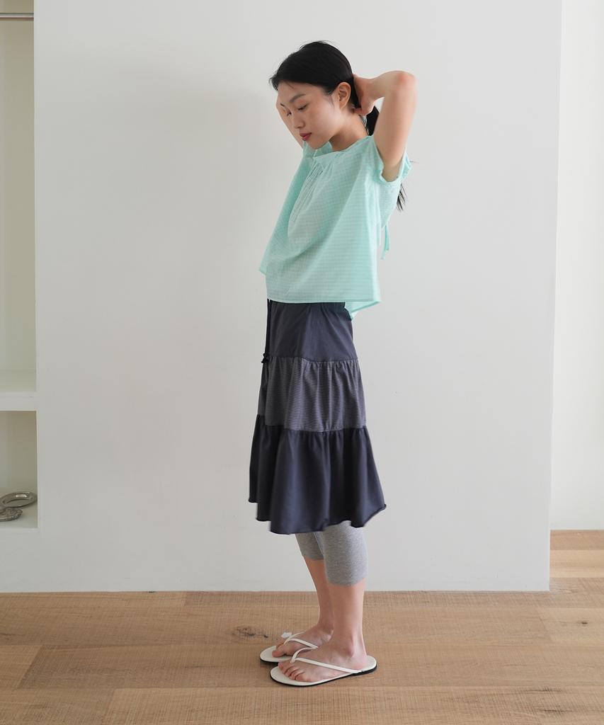 NAATS Check Shirring Half Blouse, Mint