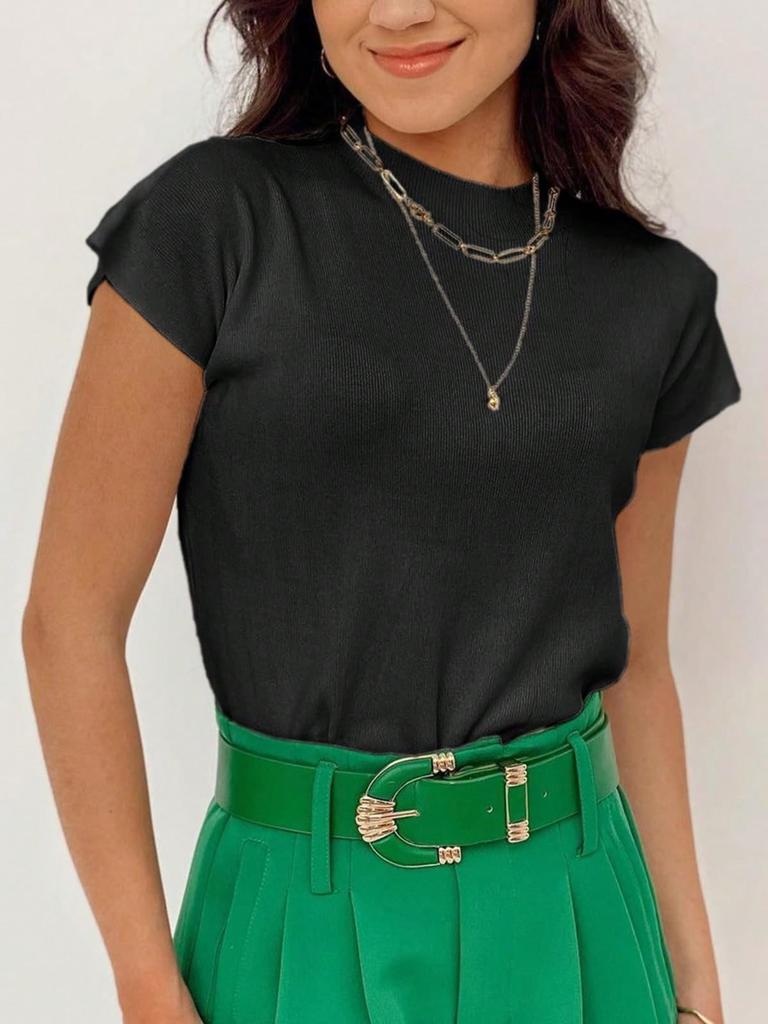 Women's Mock Neck Short Sleeve Knit Sweater Slim Fit Summer Casual Pullover Top