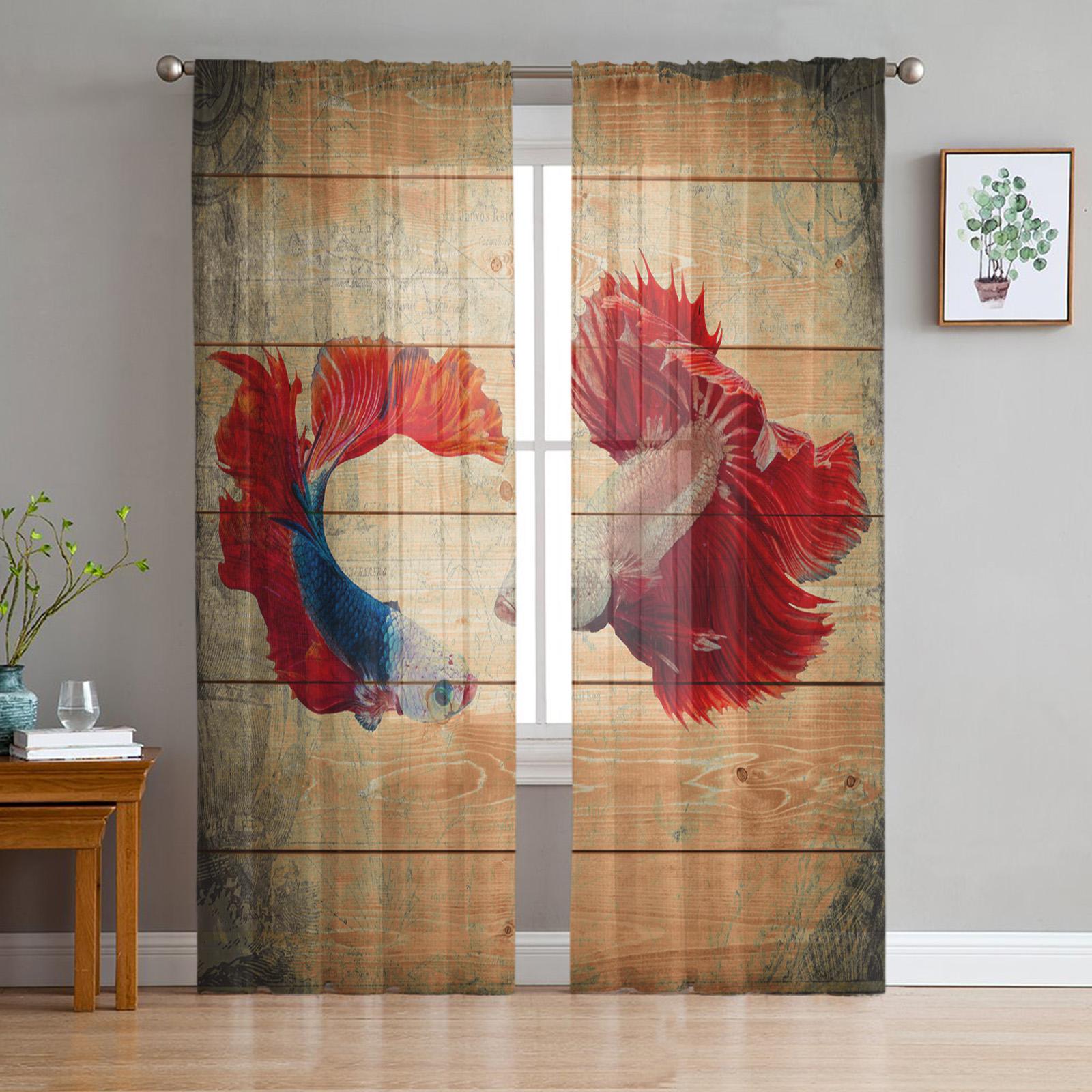 

Тюлевые занавески с рисунком рыбки, прозрачные оконные шторы для гостиной, кухни, детской спальни, вуаль, подвесная занавеска W135 x H114cm