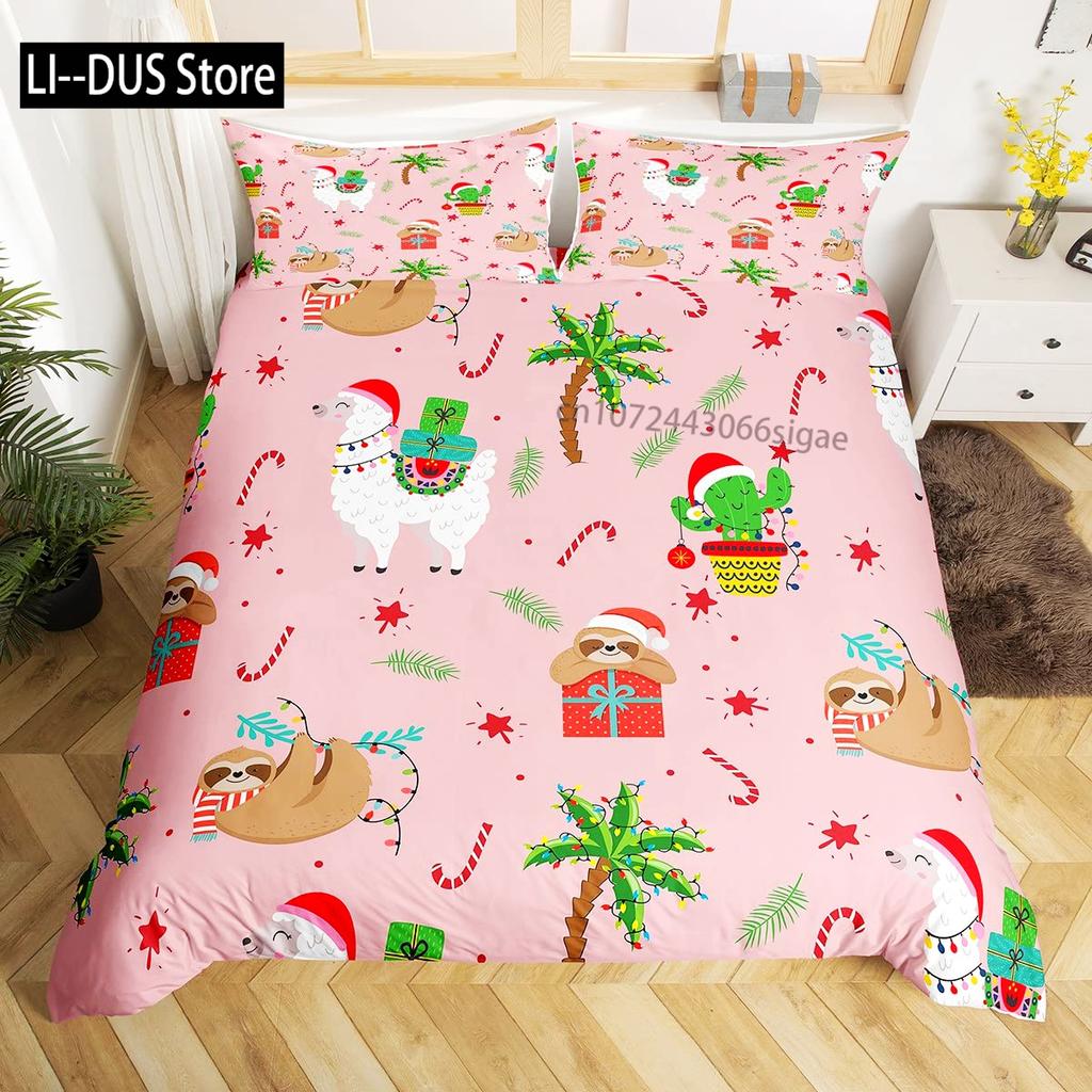 Lovely Cartoon Alpaca Llama Cactus Print Boys Girls Duvet Cover Set Full Size For Kids Teen Bedding Set Comforter Cover Decor