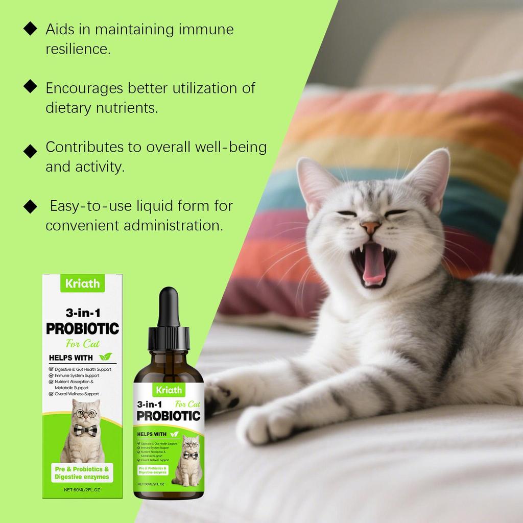 Kriath Cat Probiotic Drops 60ml - 3-in-1 formula promotes gut balance & comfort, boosts gut health & immunity, pet health care product.