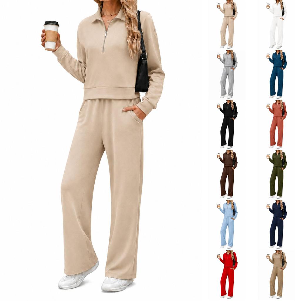 Women's Casual Half Zip Hoodie with Collar and Wide Leg Pants Set