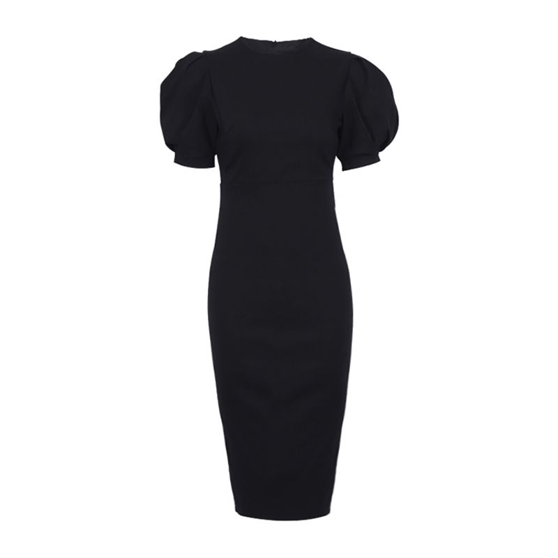 

Новая Мода Весна Круглый Вырез Однотонное Платье Завышенная Талия Приталенное Пышный Рукав Повседневный Стильный Карандаш Юбка Женщины Black S(Suggested 47.50 kg-52.50 kg)