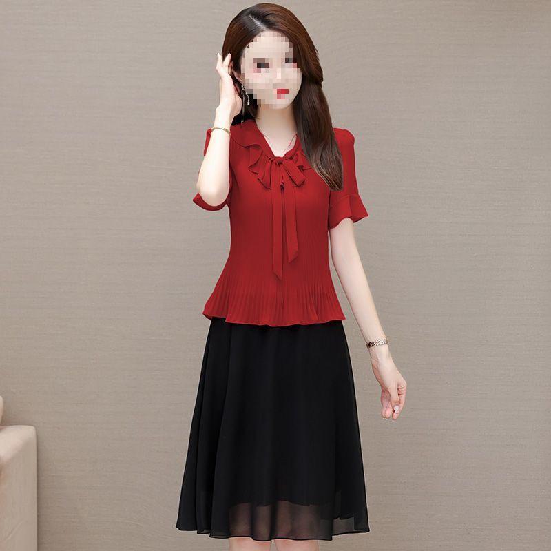 

Элегантное шифоновое платье-двойка для женщин, стройнящее и подчеркивающее талию, идеально подходит для женщин 40-50 лет L (85-95 jin)