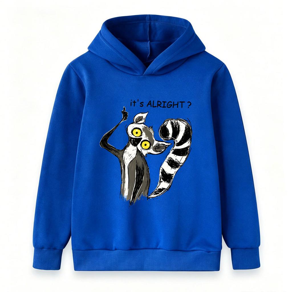 Kids Boys Girls Pullover Hoodie, Cartoon It's Alright Lemur Print Long Sleeve Casual Hooded Sweatshirt for Children Daily Casual Wear