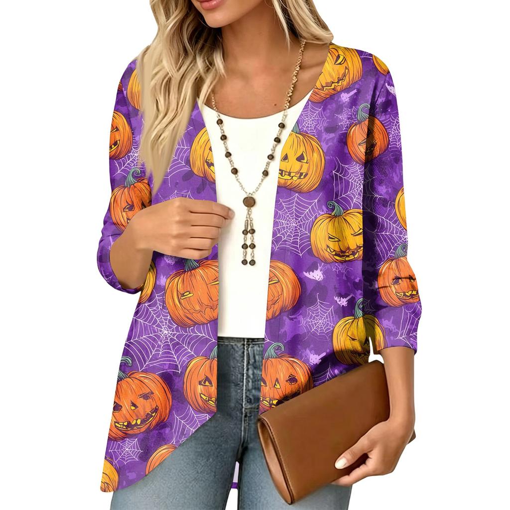 Women's Halloween Print 3/4 Sleeve Lightweight Loose Fit Cardigan for Casual Wear