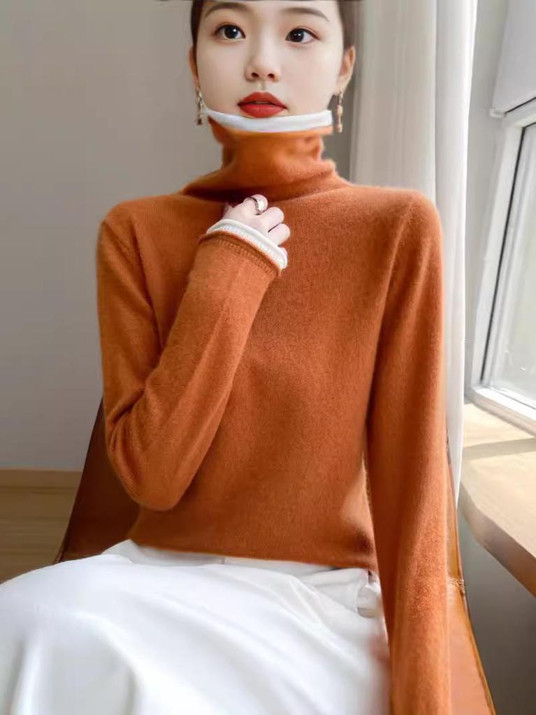 Women's Stylish Color Block Turtleneck Sweater, Fake Two-Piece Long Sleeve Knit Warm Base Layer Top